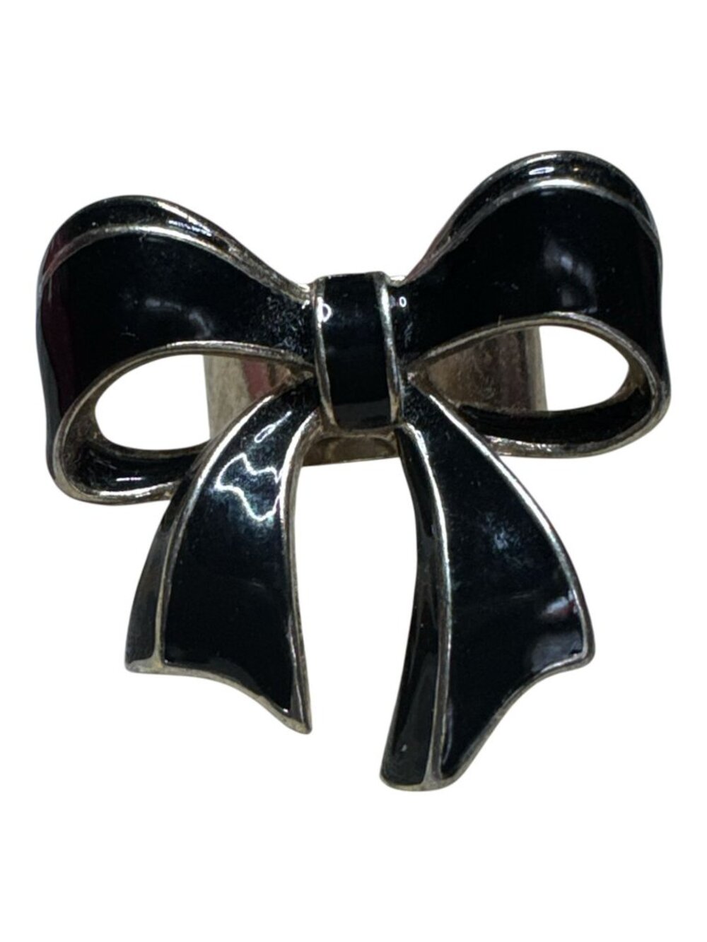 Black Bow Statement Ring Size 7 Silver-Tone Adjustable Band Fashion Accessory